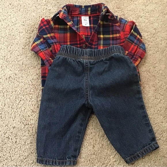 Carter’s set, jeans and flannel shirt, Janie and Jack top, Size 0 to 3M Bundle. - Picture 5 of 8